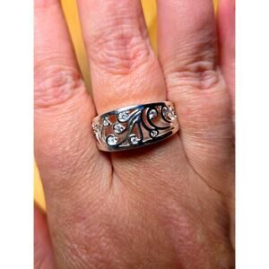Size 8 Sterling Silver Filigree Band Ring 925 CZ Scroll Design Wide Band